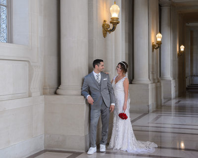 bride and groom in love at city hall