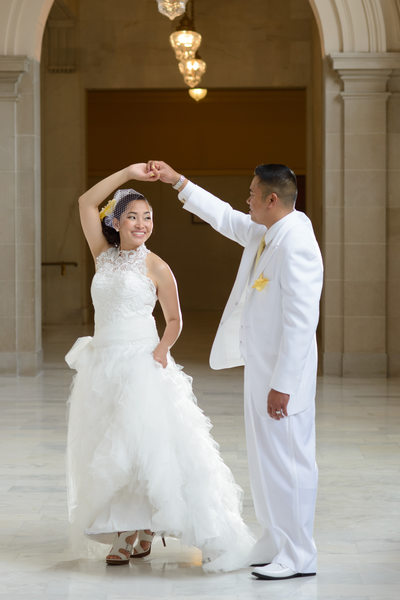 White Wedding tux with Asian Couple at San Francisco City Hall