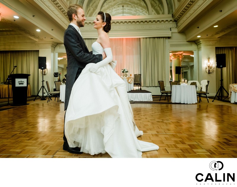 Bride and Groom Dance in the Vanity Fair Ballroom