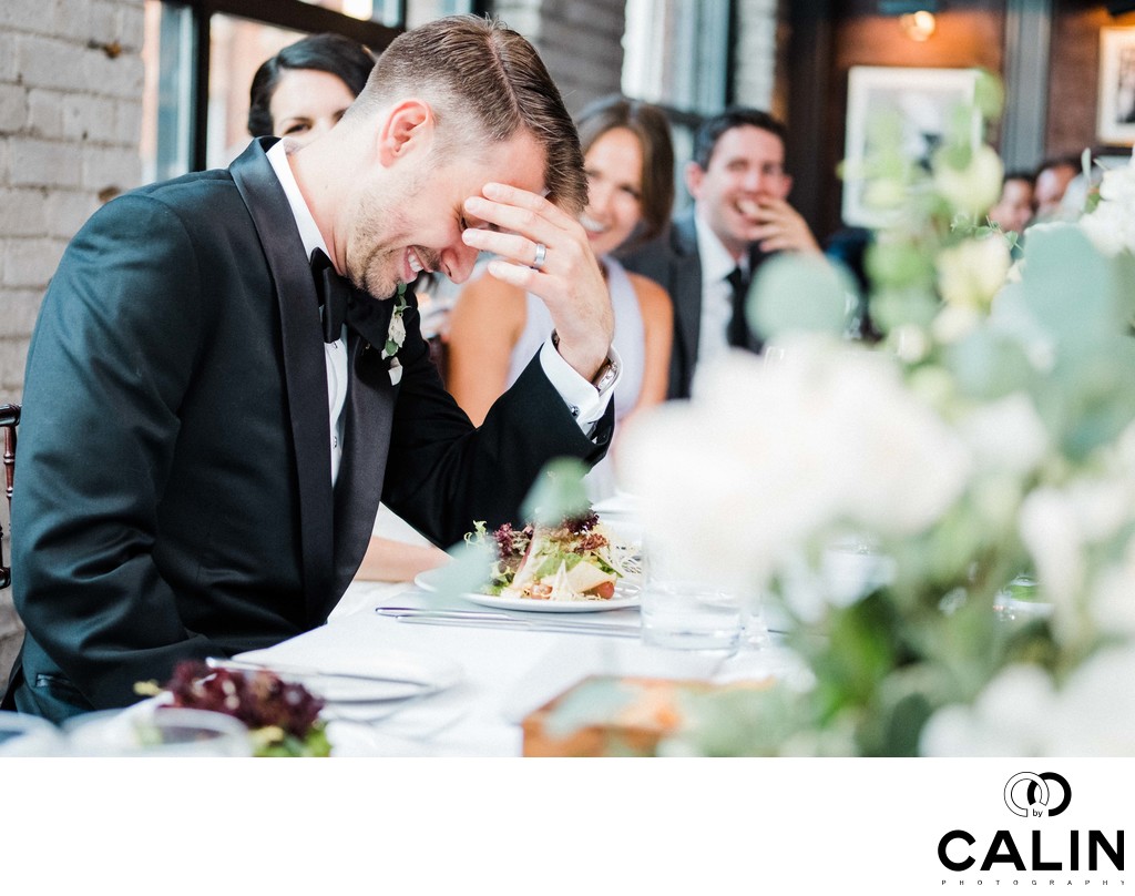 Groom Reacts to Speeches at Storys Building Wedding