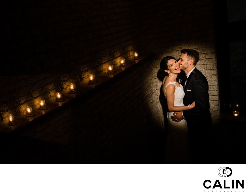 Night Photo of Married Couple at Storys Building Wedding