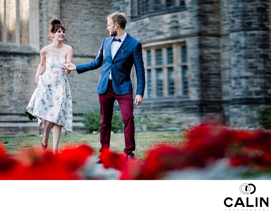 Engaged Couple Running During Photo Shoot at Hart House