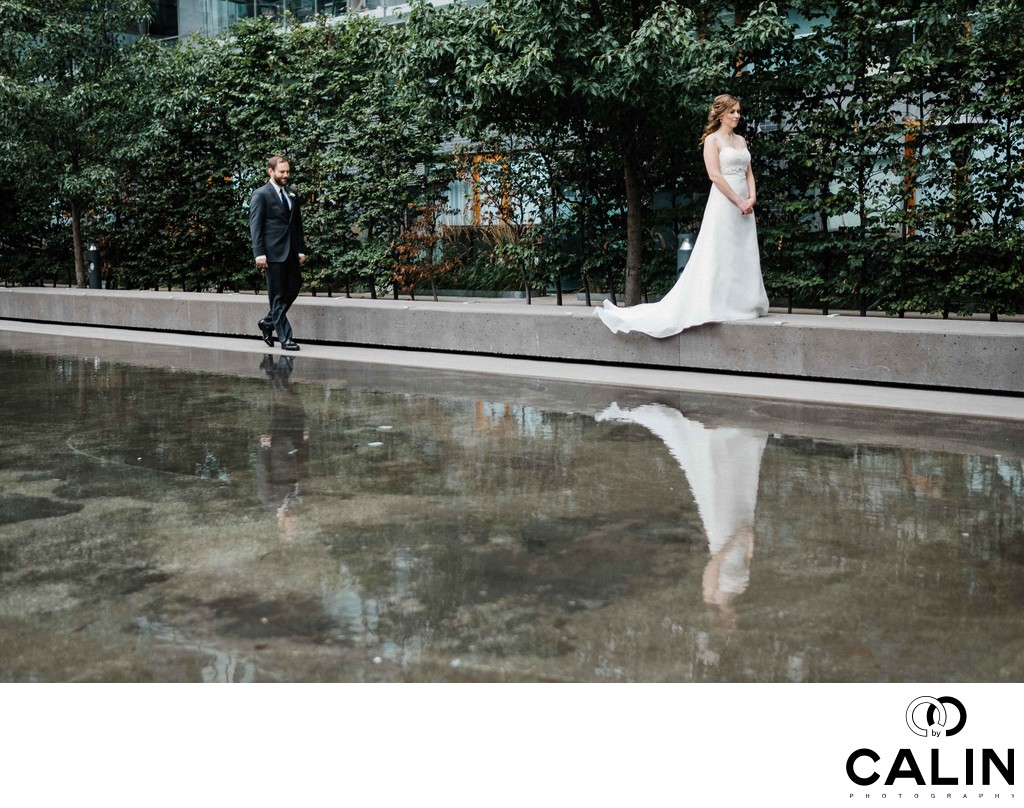 Groom Walks Towards His Bride at a Thompson Hotel Toronto Wedding