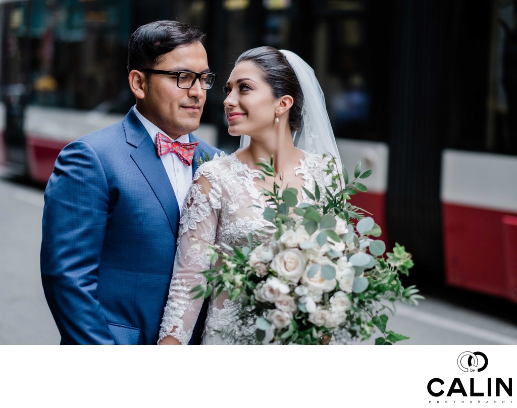 Portrait of Bride and Groom in Front of King Edward Hotel