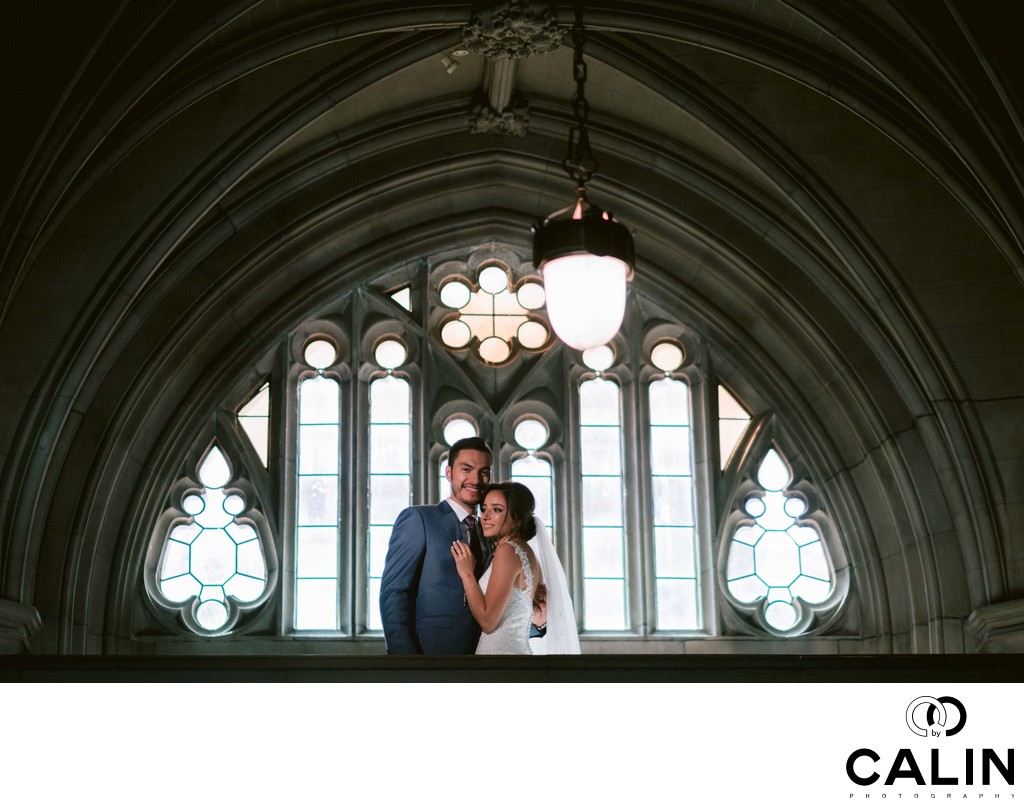 Newlyweds Look at the Camera