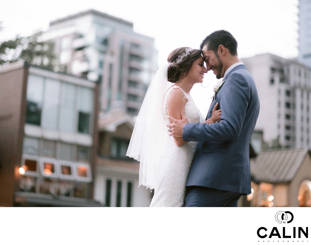 Bride and Groom Hug in Yorkville