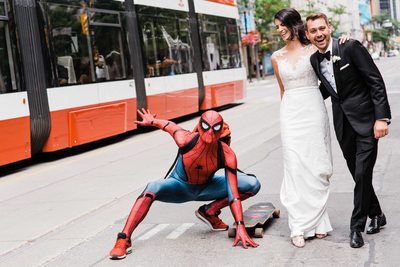 Spider-man Joins Bride and Groom at Storys Building Wedding