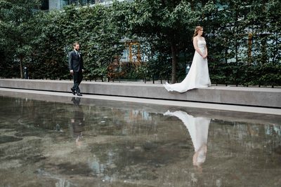 Groom Walks Towards His Bride at a Thompson Hotel Toronto Wedding