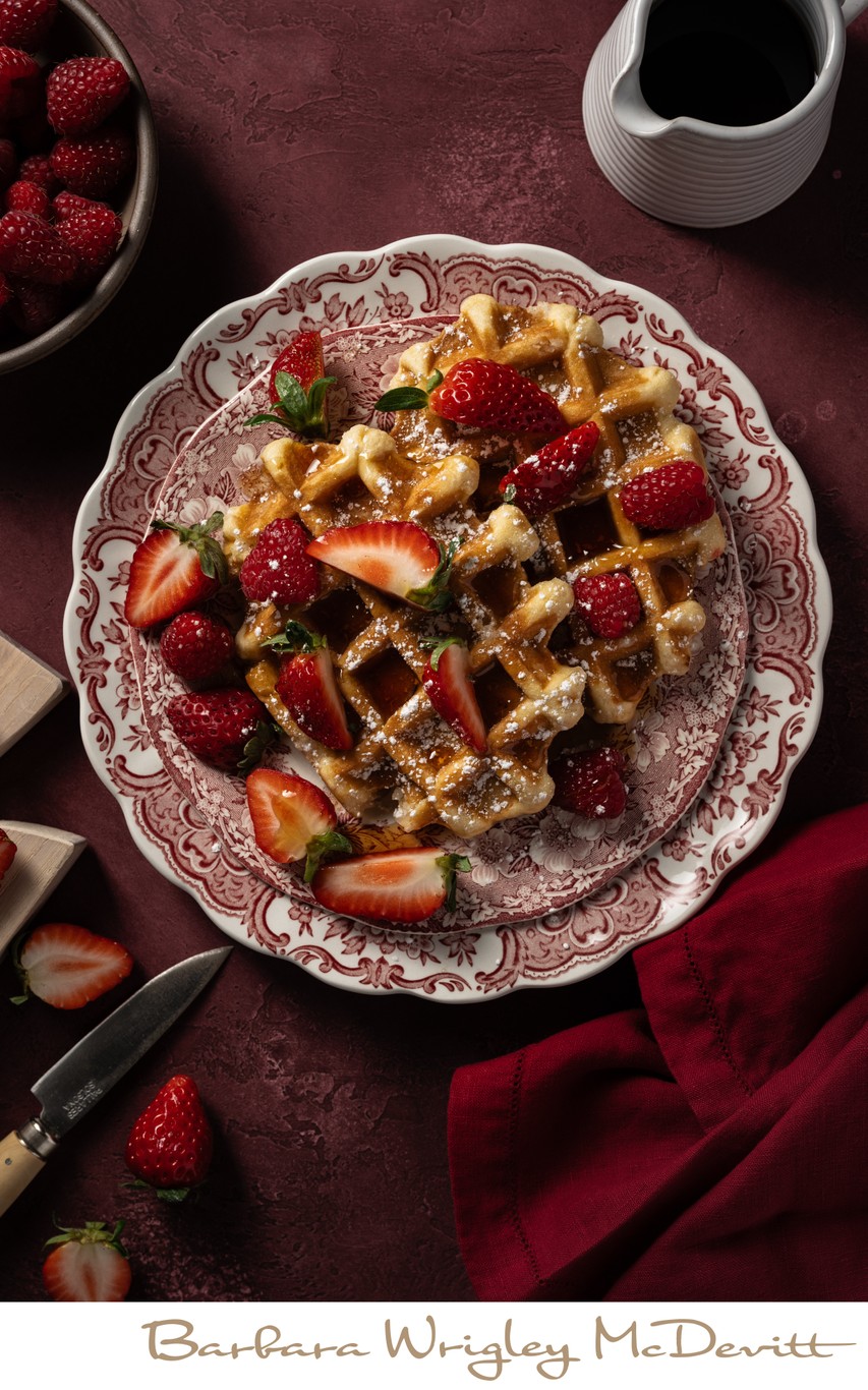 Belgian Waffles with Strawberries and Syrup