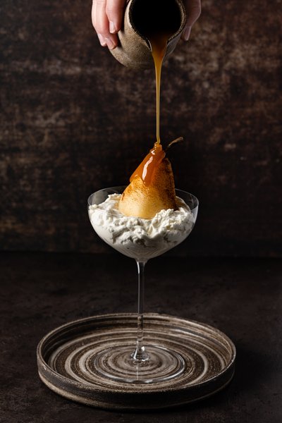Poached Pears with Mascarpone and Caramel