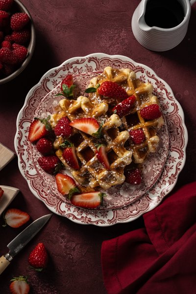 Belgian Waffles with Strawberries and Syrup