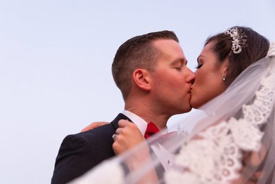 Intimate and romantic bride and groom sunset portrait