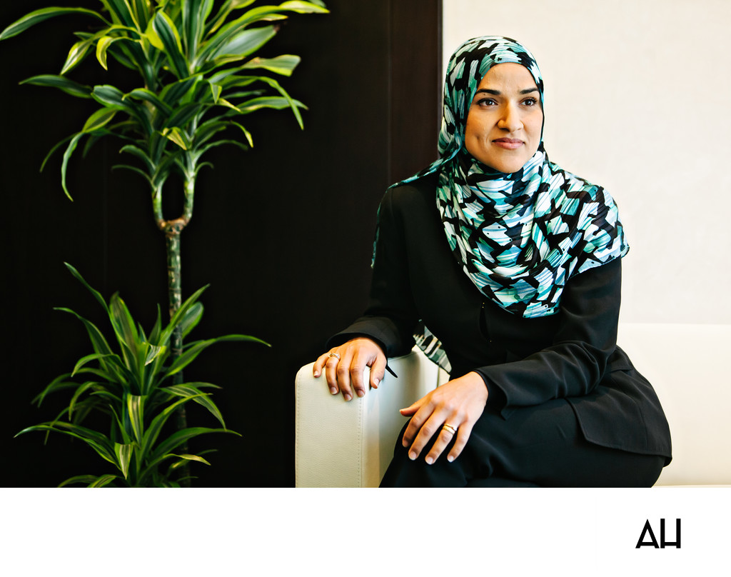 Professional Woman in Patterned Hijab