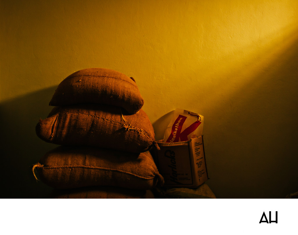 Burlap Grain Sacks in Warm Interior Light
