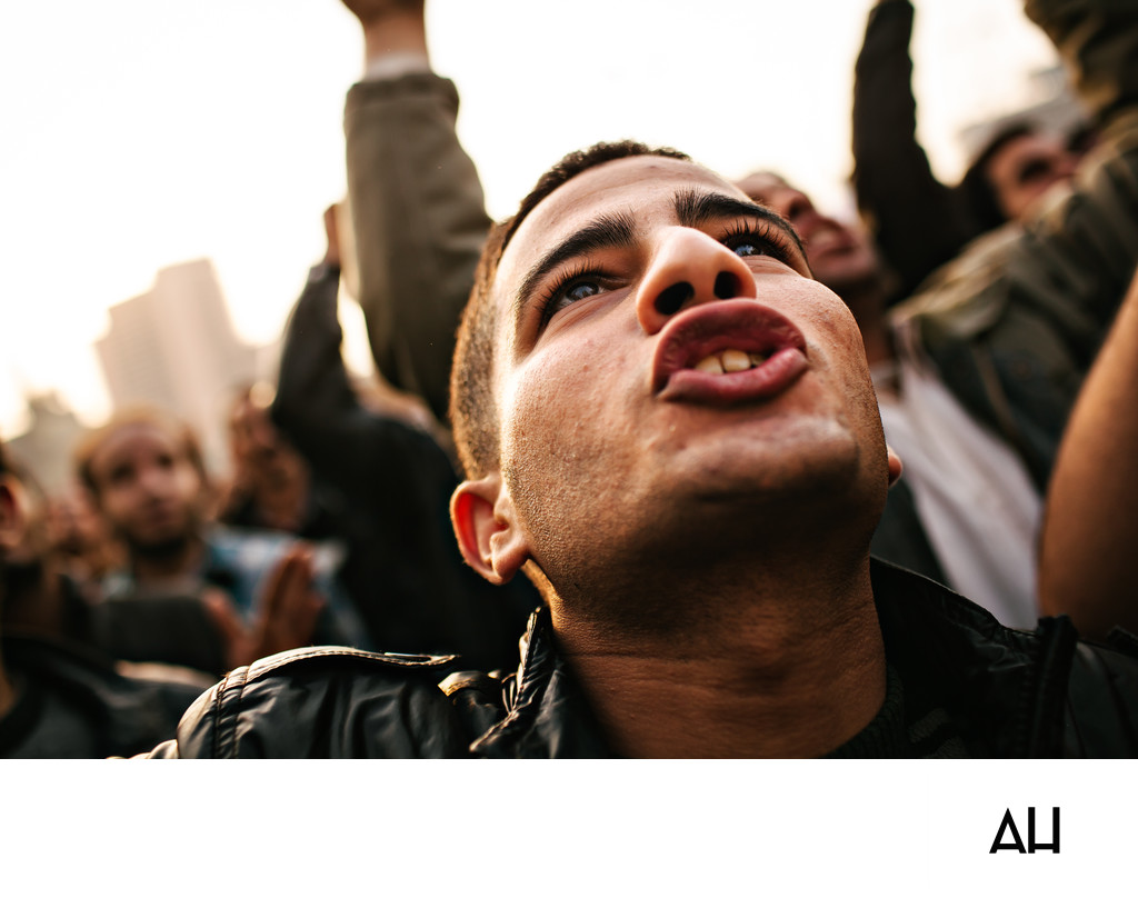 Young Protester Chanting in Cairo Crowd