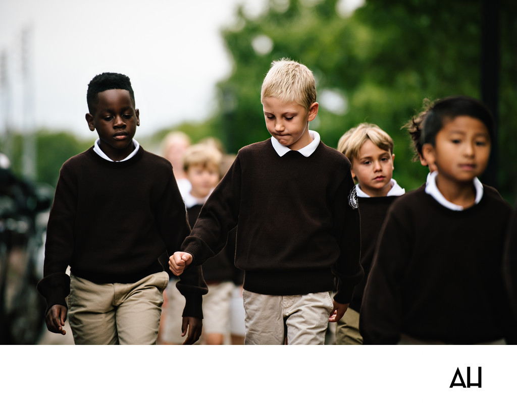 Elementary Students Walking Across Campus