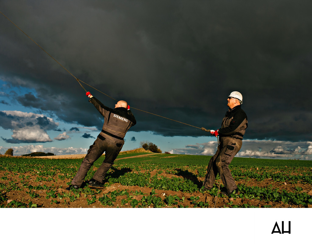 Wind Turbine Technicians Handling Guide Ropes