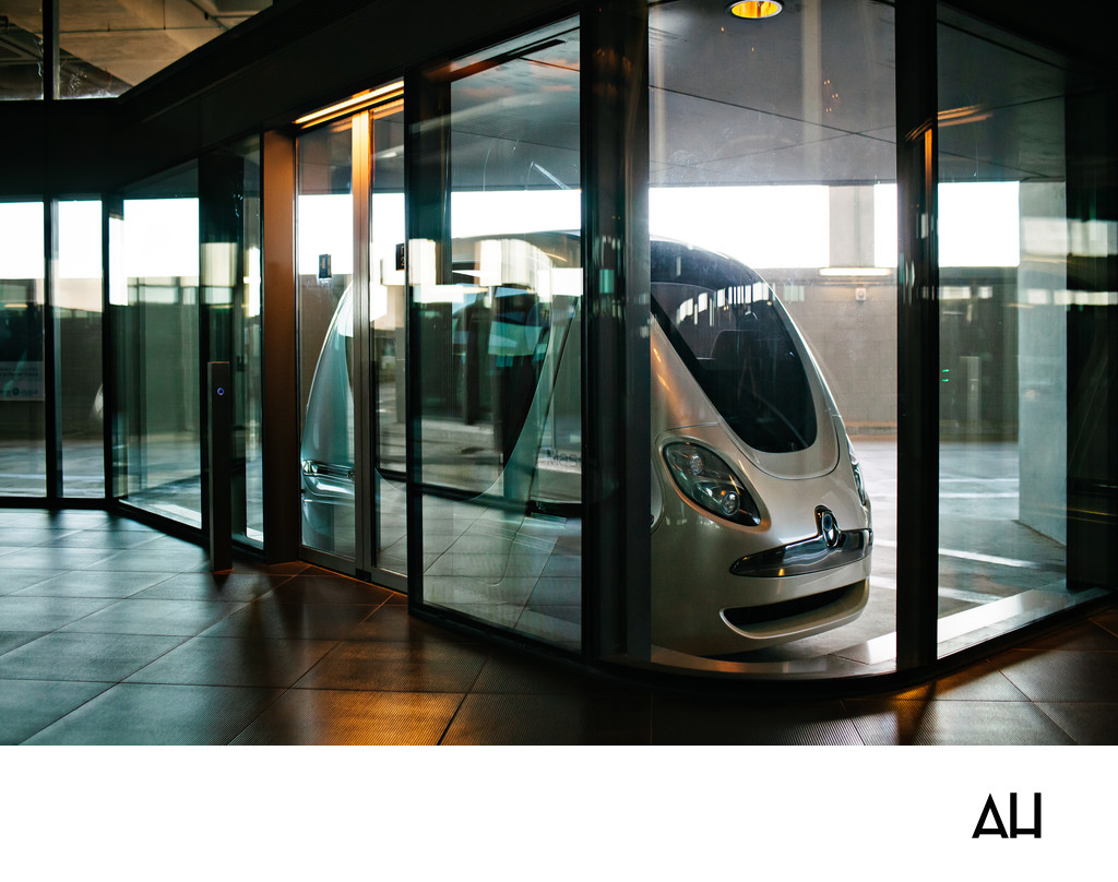 Autonomous Vehicle Inside a Glass Transit Station