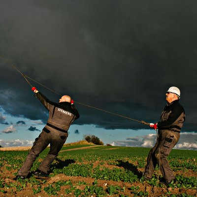 Wind Turbine Technicians Handling Guide Ropes