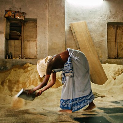 Woman Sweeping Grain Inside Rice Mill