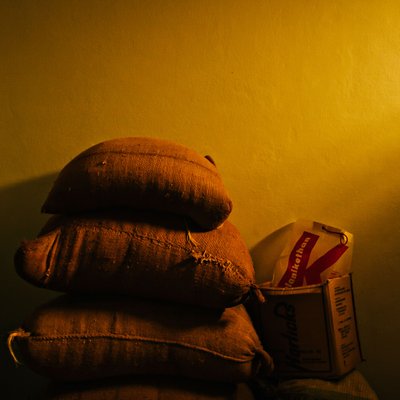 Burlap Grain Sacks in Warm Interior Light