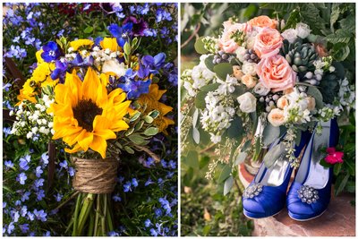 sunflower baby's breath wedding bouquet blue wedding shoes