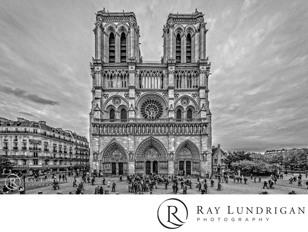 The front of the Notre Dame Cathedral in Paris, France