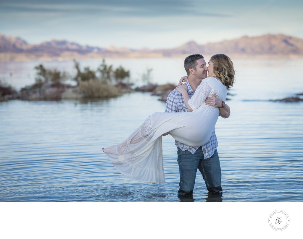 Las Vegas Couple at the lake. Husband holding wife