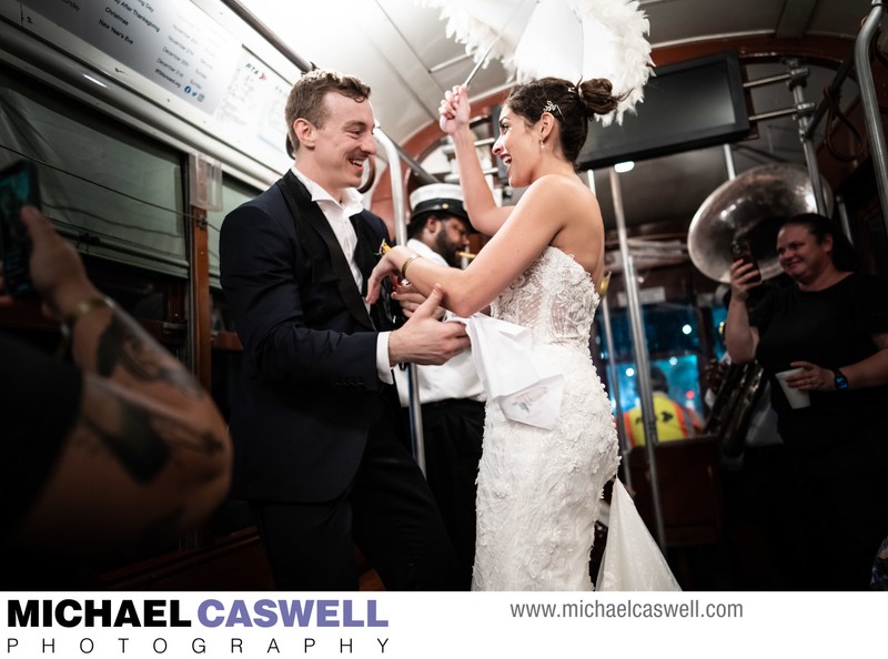Bride and groom in New Orleans streetcar