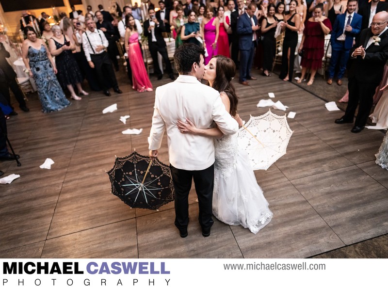 Bride and Groom Kiss at Board of Trade Wedding