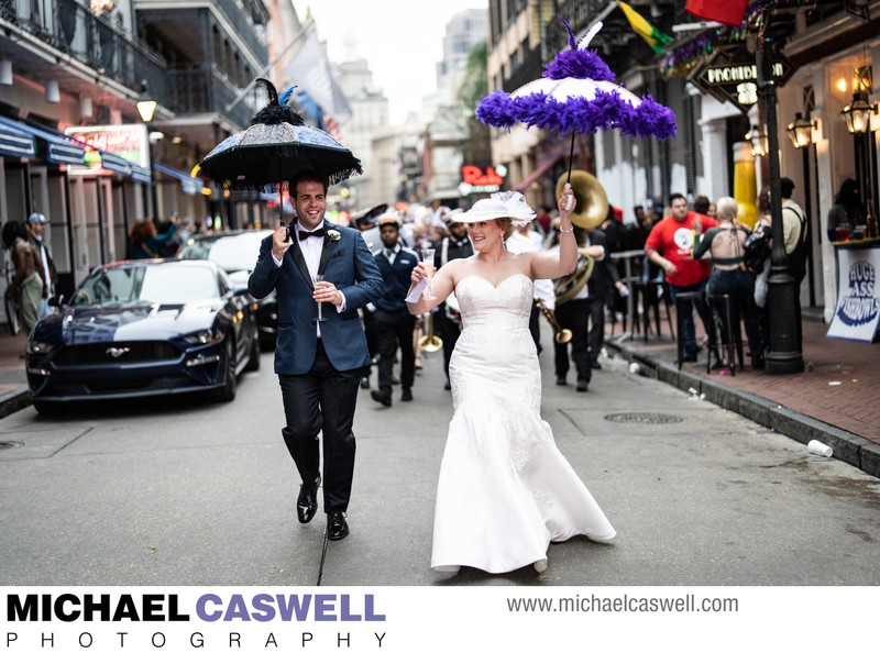 Bride and Groom Second Line on Bourbon Street