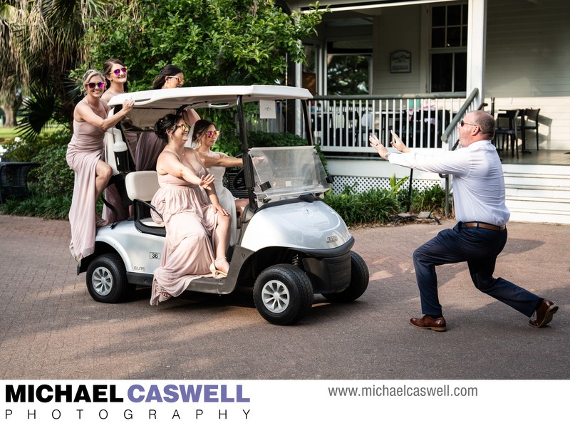 Bride and Bridesmaids in Golf Cart at Audubon Park