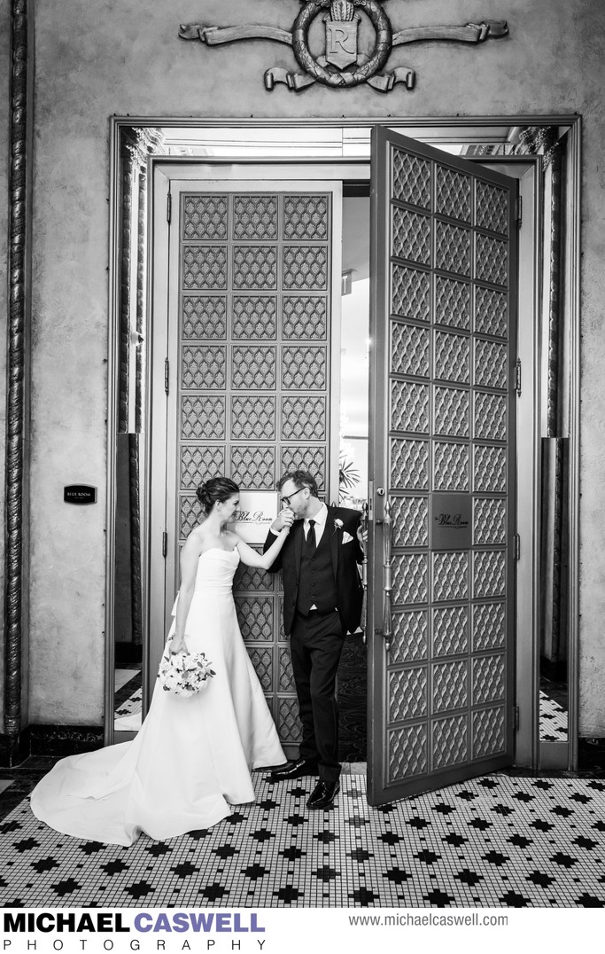 Bride and Groom by Roosevelt Blue Room doors