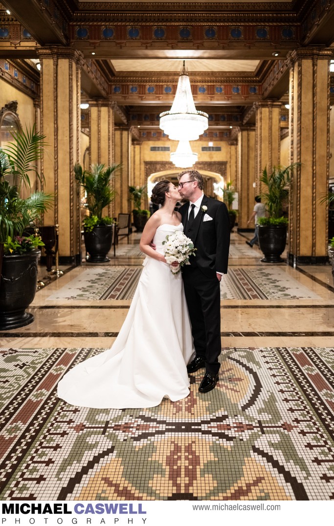 Bride and Groom in Roosevelt Hotel New Orleans Lobby
