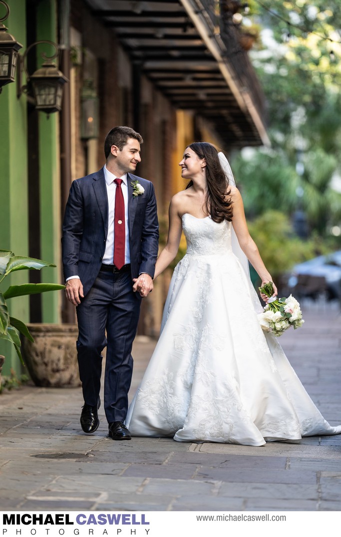 Bride and Groom Walking in Exchange Place