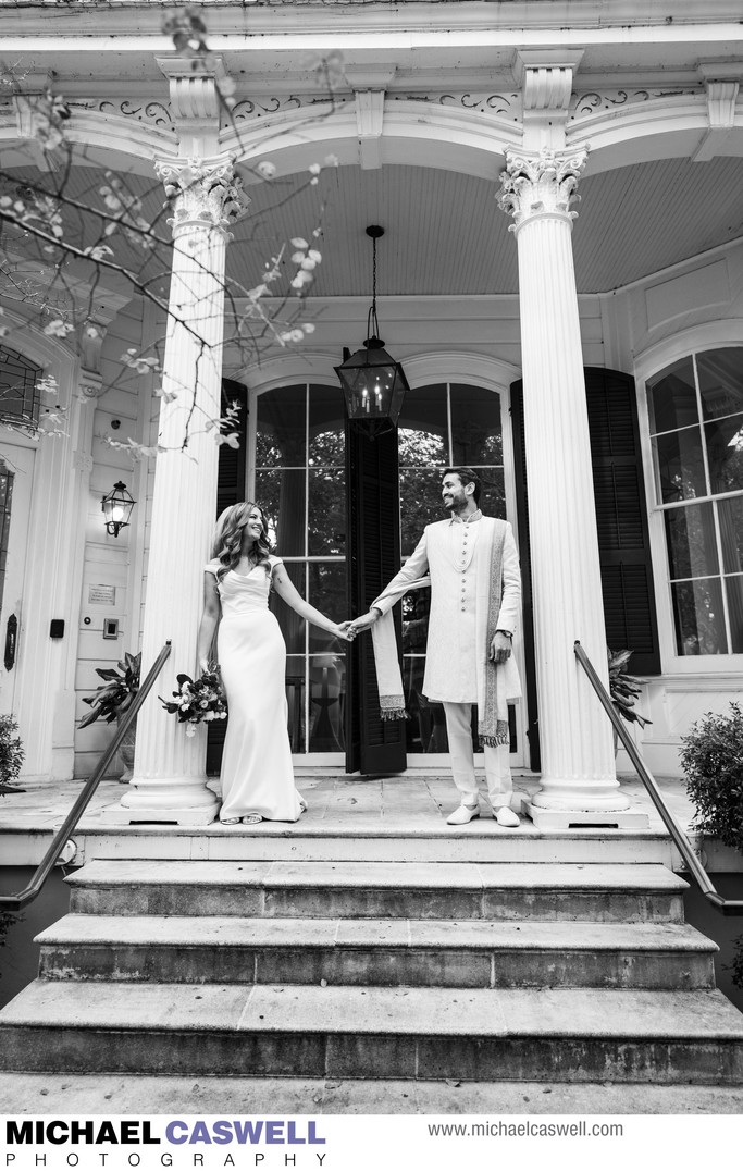 Portrait of Bride and Groom in Front of Melrose Mansion