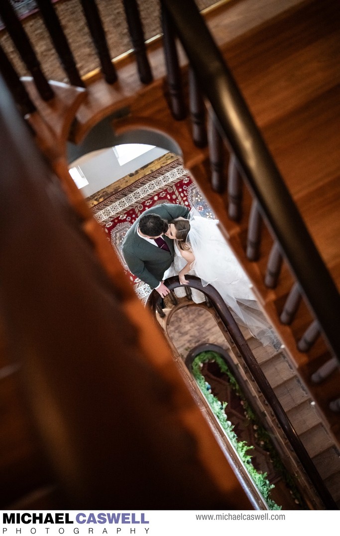 Bride and Groom Portrait on Stairs at Hotel St. Vincent