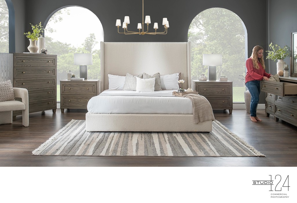 White Bouclé Bedroom Scene in Dallas Commercial Photo
