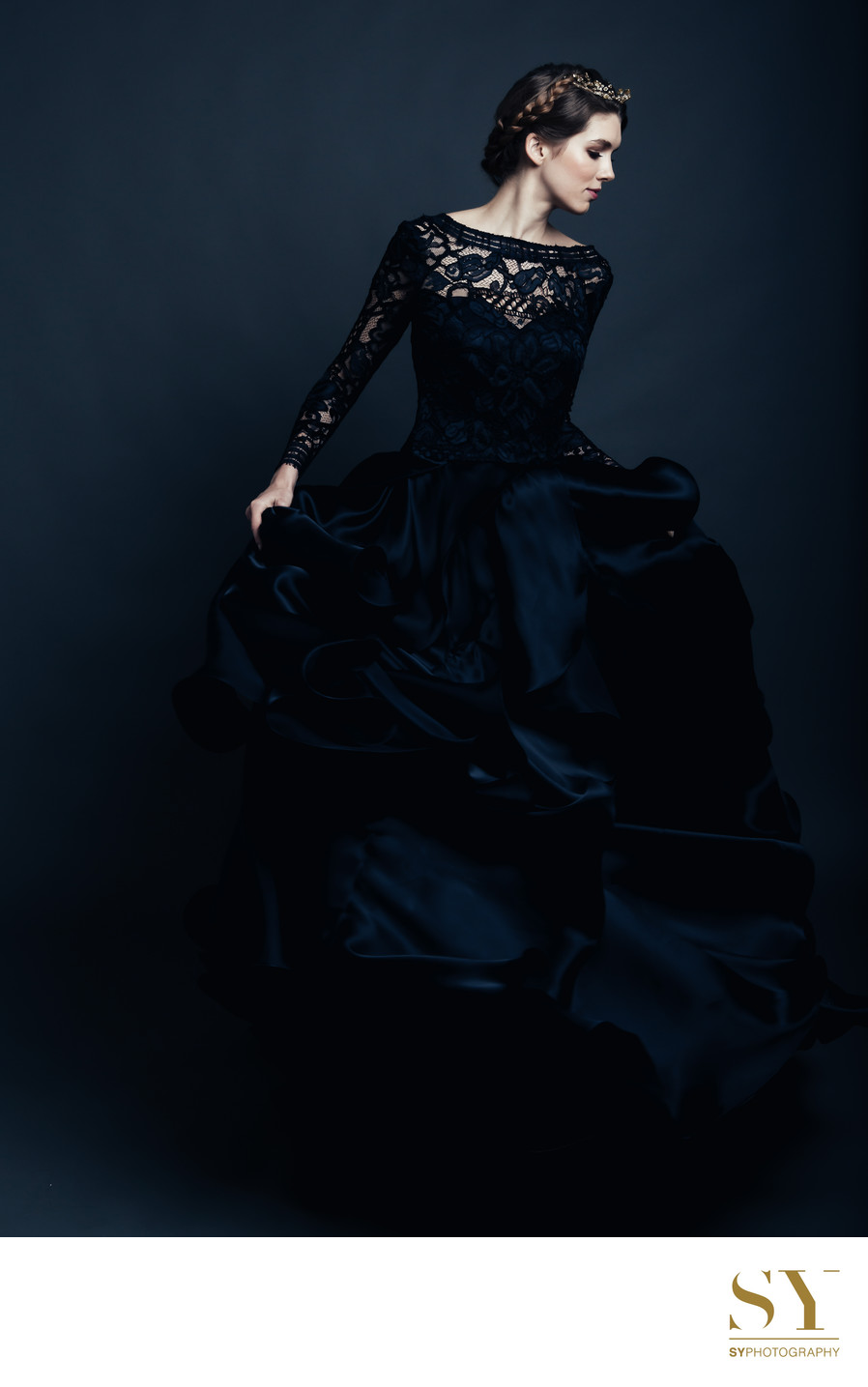 Sareh Nouri long sleeve black bridal dress headpiece Jennifer Behr