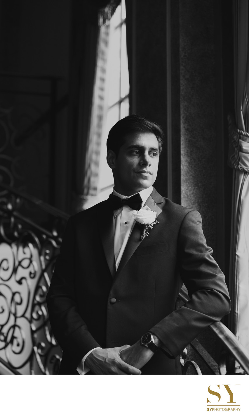 NYC groom portrait black and white photograph