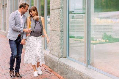 smiles city streets with baby commercial editorial