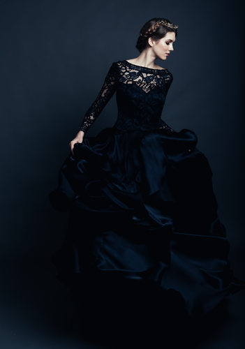 Sareh Nouri long sleeve black bridal dress headpiece Jennifer Behr