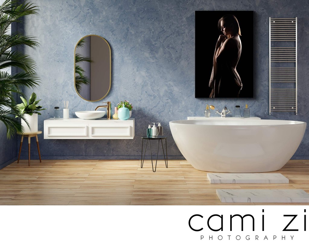Modern Bathroom interior design on blue dark color wall.