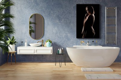 Modern Bathroom interior design on blue dark color wall.