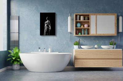 Modern Bathroom interior design on dark blue wall.