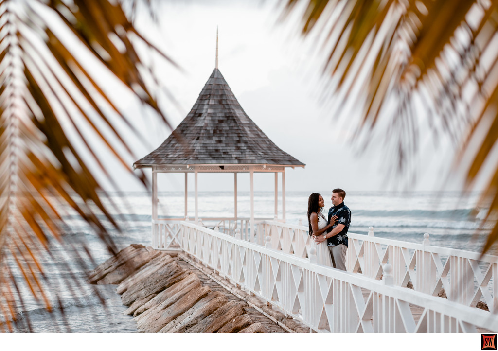 engaged couple framed by coconut tree leaves