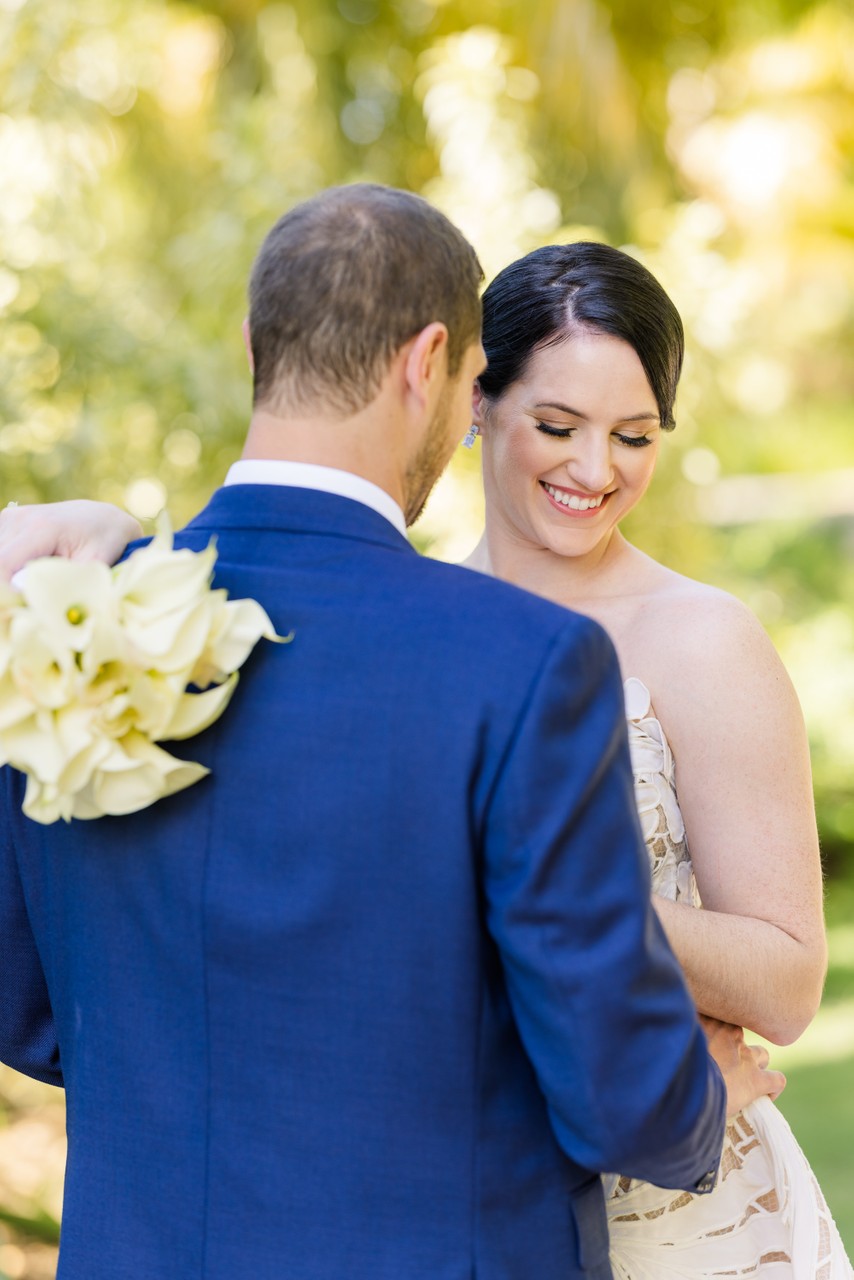 blushing bride looking down