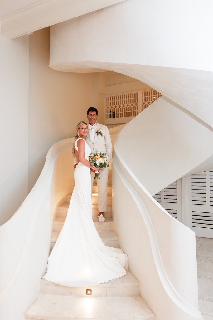 Wedding portrait on the Eclipse staircase at Half Moon Resort, Jamaica