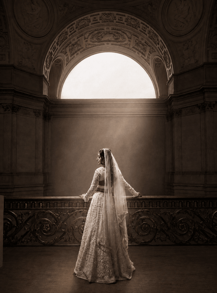 Cinematic Bridal Portrait Showcasing the Back of a Wedding Dress at San Francisco City Hall