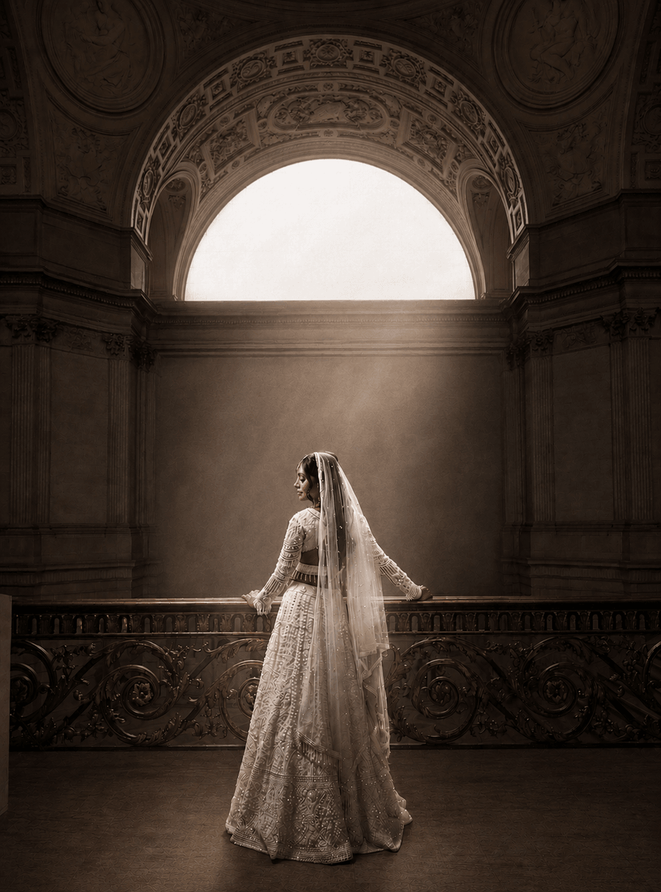 Cinematic Bridal Portrait Showcasing the Back of a Wedding Dress at San Francisco City Hall